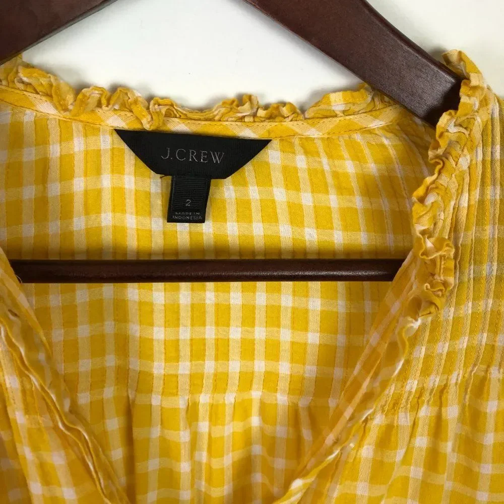 J. Crew Ruffle Classic Popover Shirt Yellow Midi Windowpane Women's Size 2